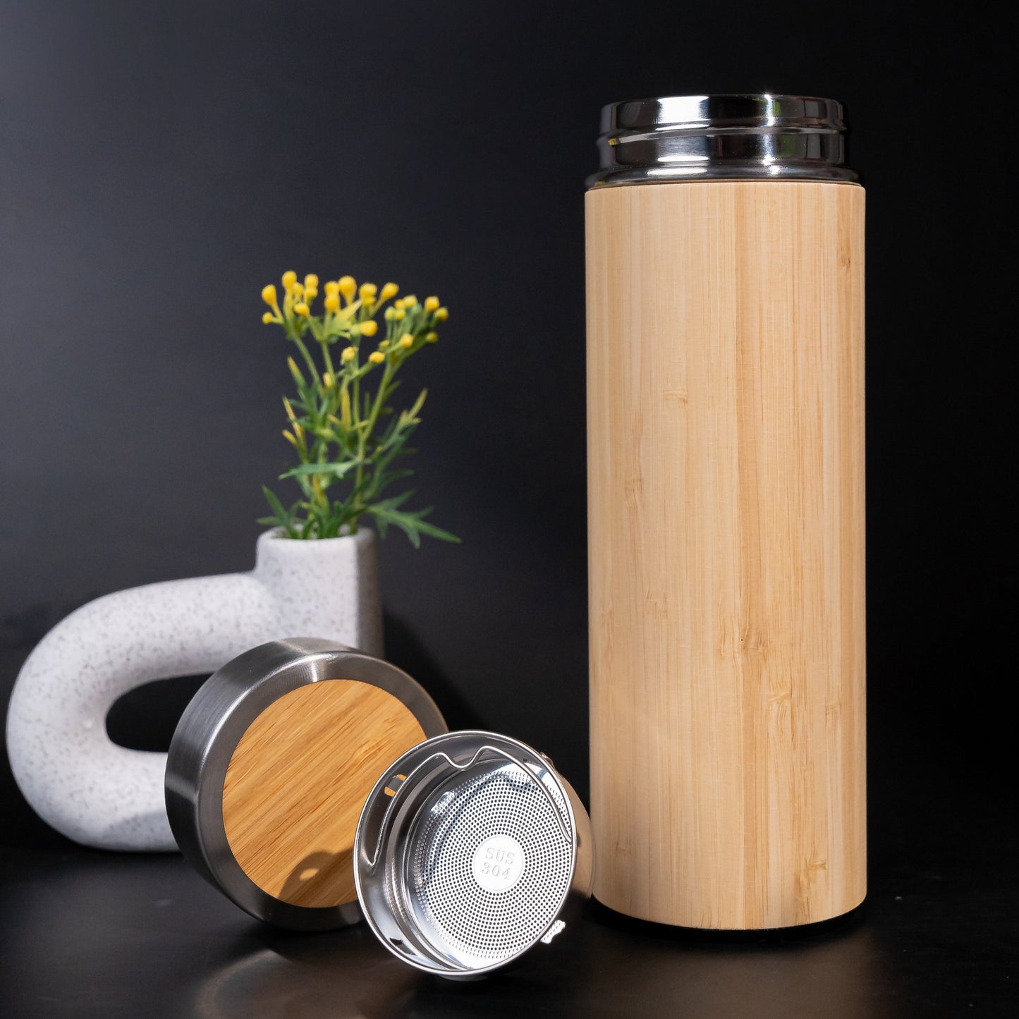 Eco-Friendly Bamboo Tumbler with Tea Strainer - Insulated, Reusable Travel Mug