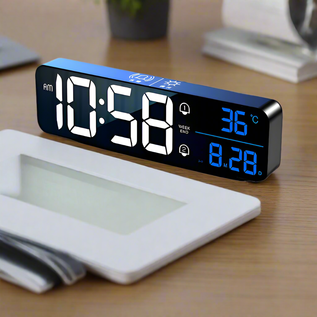 Big Display Rechargeable LED Clock - Black with White & Blue Numbers