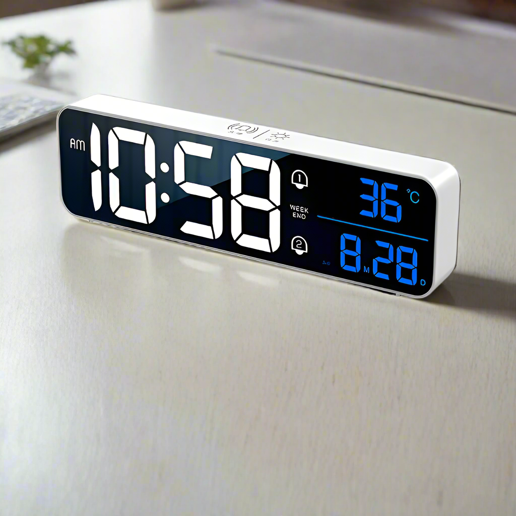 Big Display Rechargeable  LED Clock - White with White & Blue Numbers