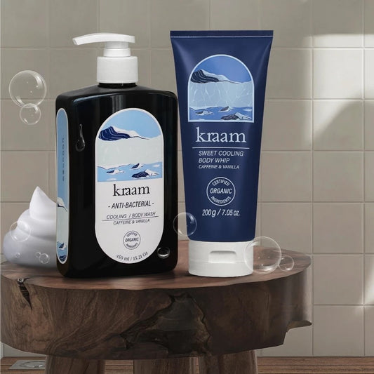 KRAAM Anti-Bacterial Cooling Body Wash (Caffeine & Vanilla) 450 ml.+ KRAAM Body Whip